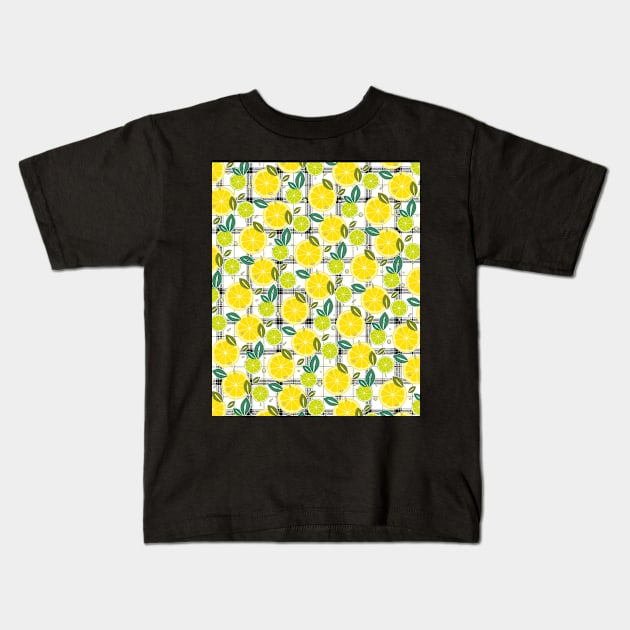 Plaid Lemon and Lime Citrus Fruit Slice Pattern Kids T-Shirt by Redmanrooster